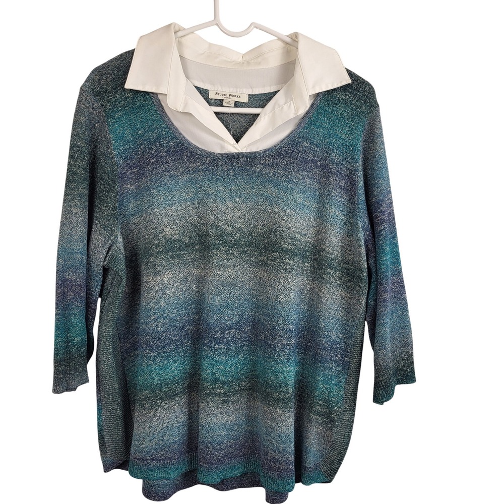 Studio Works Woman 1X Layered Look‎ Sweater Blue Teal White Collared Knit Top